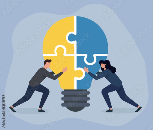 Teamwork in Innovation: Professionals Assembling Puzzle Lightbulb, Teamwork, Collaboration, Innovation, Problem-Solving, Idea Generation