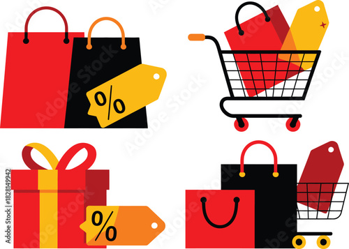 Illustration of shopping bags gift box and cart with percentage tags sale