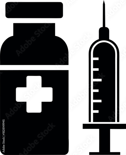 Black Silhouette of Medical Syringe and Vial with Plus Symbol for Injection Use