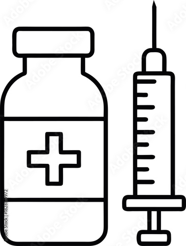 Black and White Medical Injection Illustration with Syringe and Vial Featuring Plus Symbol
