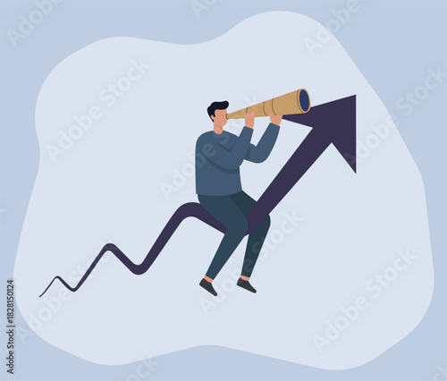 Man Riding Upward Arrow with Telescope: Vision of Growth in Flat Vector Illustration, Visionary Leadership, Business Growth, Future Outlook, Strategic Planning, Success Journey