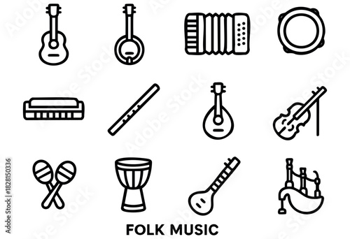 Set of folk music icons in bold-line minimalist style: guitar, banjo, accordion, tambourine, harmonica, flute, mandolin, violin, maracas, drum, sitar, bagpipes.