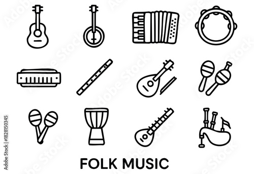 Set of folk music icons in bold-line minimalist style: guitar, banjo, accordion, tambourine, harmonica, flute, mandolin, violin, maracas, drum, sitar, bagpipes.