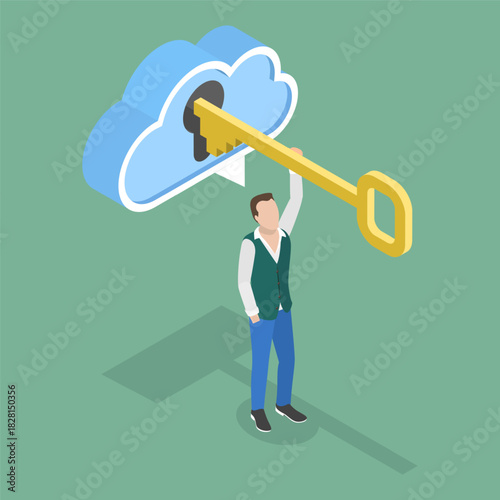 3D Isometric Flat Vector Illustration of Unlock Your Potential, A Person Inserting A Key Into A Thought BubbleS Keyhole