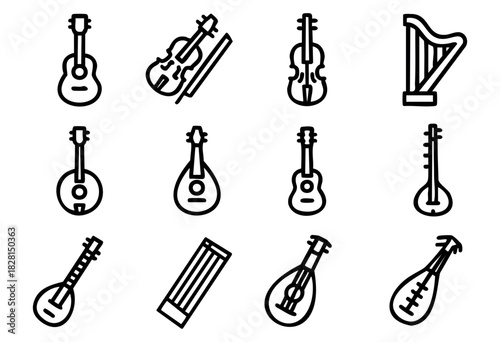 Set of string instrument icons in simple bold-line style: guitar, violin, cello, harp, mandolin, lute, sitar, banjo, lyre, zither.