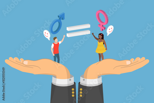 3D Isometric Flat Vector Illustration of Gender Equality, Cheerful Man And Woman Giving High Five While Standing Together