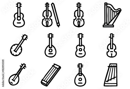 Set of string instrument icons in simple bold-line style: guitar, violin, cello, harp, mandolin, lute, sitar, banjo, lyre, zither.