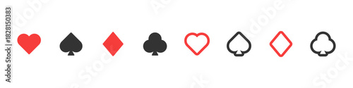 Cards suit icon set. Heart, spade, diamond and club shapes in flat and outline styles vector illustration. Poker and casino symbols for game interfaces and gambling designs sign.