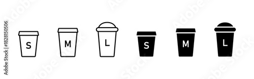 Cup size icon set. Small, medium and large drink containers with simple lids vector illustration. Beverage size markers for cafe menus sign. Hot drink ordering options symbol. Minimal takeaway concept