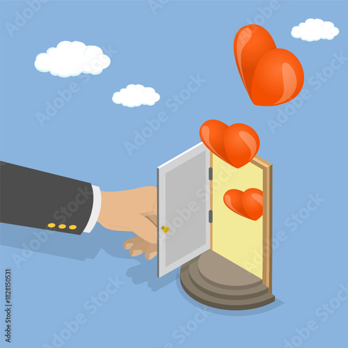 3D Isometric Flat Vector Illustration of Open Relationship , Unlocking Doors With Heartfelt Hospitality