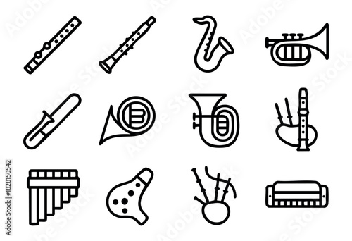 Set of wind instrument icons in bold minimalist line style: flute, clarinet, saxophone, trumpet, trombone, French horn, tuba, recorder, pan flute, ocarina, bagpipes, harmonica.