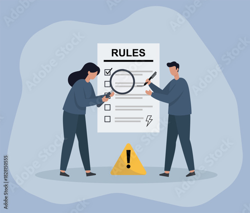 People Reviewing Rules with Magnifying Glass and Caution Sign in Flat Vector Illustration, Rule Examination, Compliance Audit, Document Review, Warning Alert, Regulatory Check