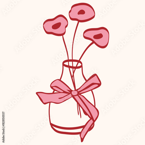 Charming hand-drawn illustration of stylized pink flowers in a glass vase tied with a decorative ribbon. A perfect graphic element for the coquette aesthetic, floral designs, invitations, home decor.