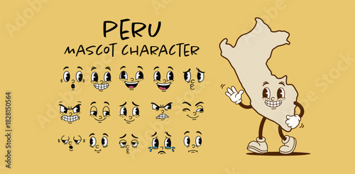 Vintage Peru country map mascot character with cartoon facial expression set