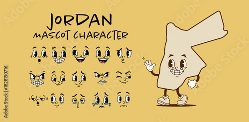 Vintage Jordan country map mascot character with cartoon facial expression set