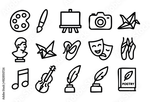 Set of art and education icons in simple bold-line style: paint palette, brush, easel, camera, sculpture, origami, theater masks, ballet shoes, music note, violin, feather, poetry book.