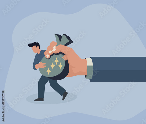 Flat Vector Illustration of a Giant Hand Seizing a Running Thief's Sparkling Money Bag, Theft, Pursuit, Greed, Capture, Financial Crime