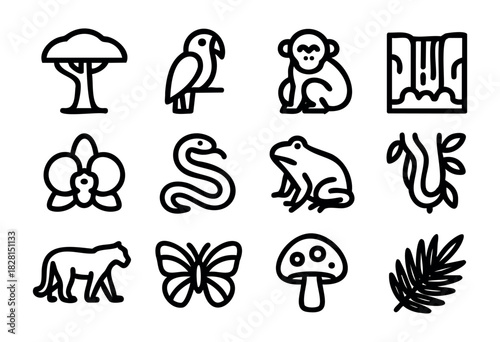 Set of rainforest icons in minimalist bold-line style: tree, parrot, monkey, waterfall, orchid, snake, frog, vine, jaguar, butterfly, mushroom, palm leaf.