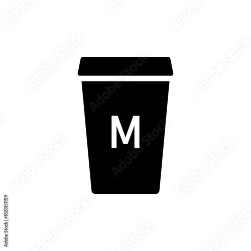 Medium coffee cup icon. M size takeaway drink container with bold size marking vector illustration. Cafe beverage element for menus sign. Hot drink ordering detail symbol. Minimal style concept.