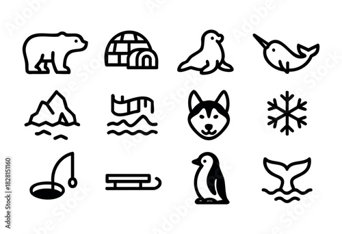 Set of arctic life icons in simple outline style: polar bear, igloo, seal, narwhal, iceberg, ice wave, husky, snowflake, fishing hole, sled, penguin, whale tail.