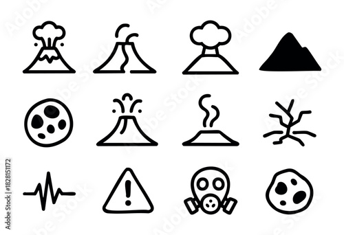 Set of volcano and disaster icons in bold-line minimal style: volcano, eruption, smoke, mountain, meteor, lava, crater, crack, earthquake, alert, gas mask, asteroid.