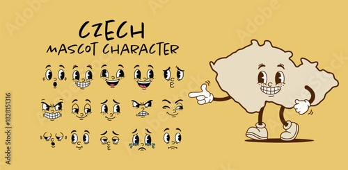 Vintage Czech Republic country map mascot character with cartoon facial expression set