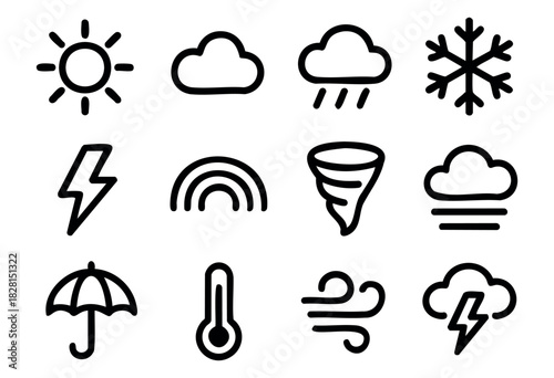 Set of minimalist weather icons in bold-line outline style: sun, cloud, rain, snowflake, lightning, rainbow, tornado, fog, umbrella, thermometer, wind, storm.
