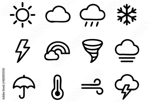Set of minimalist weather icons in bold-line outline style: sun, cloud, rain, snowflake, lightning, rainbow, tornado, fog, umbrella, thermometer, wind, storm.
