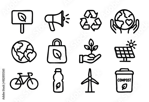 Set of eco activism and sustainability icons in minimal bold-line style: protest sign, megaphone, recycle symbol, earth hands, planet heart, eco bag, plant hand, solar panel, bicycle, reusable bottle,