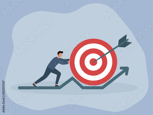 Man Pushing Bullseye Target Up Growth Graph: Symbolizing Effort in Achieving Business Goals, Goal Achievement, Business Growth, Target Pursuit, Effort and Determination, Success Strategy
