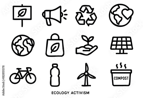 Set of eco activism and sustainability icons in minimal bold-line style: protest sign, megaphone, recycle symbol, earth hands, planet heart, eco bag, plant hand, solar panel, bicycle, reusable bottle,
