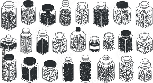 Collection of black and white outline vector illustrations featuring various jars and containers for food storage and preservation