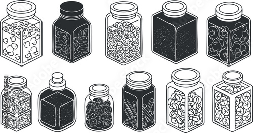 Stylized black and white vector illustration of assorted jars containing various ingredients for kitchen and culinary projects