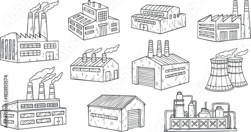 Outline vector illustration of various factory and industrial buildings ideal for engineering and manufacturing designs
