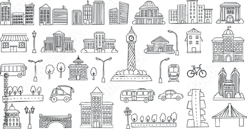 Detailed black and white vector illustration of urban cityscape featuring buildings, vehicles, and street elements for design projects