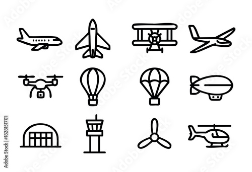 Set of airplane icons in simple bold-line style: passenger plane, jet, biplane, drone, airship, balloon, parachute, control tower, propeller, and helicopter.