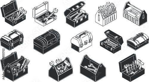 Black and white vector illustration of various toolboxes and hand tools for repair and construction projects