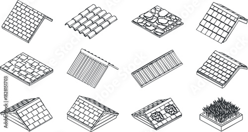 Outline vector illustration set of various roof designs and styles for architectural and construction projects