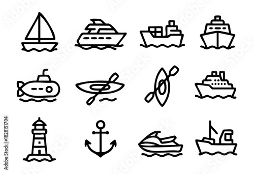 Set of ship icons in simple bold-line style: sailboat, yacht, cargo ship, cruise ship, submarine, kayak, lighthouse, anchor, jet ski, and fishing boat