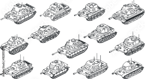 Collection of detailed outline vector illustrations of various military tanks for design and educational projects