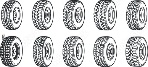 Set of hand-drawn outline vector illustrations of various tire designs ideal for automotive and transportation projects