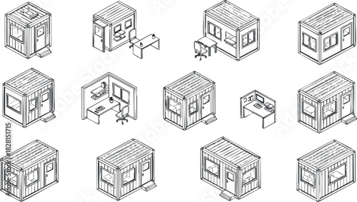 Line art vector illustration set of modern office workspaces featuring desks, computers, and cubicles for design projects.