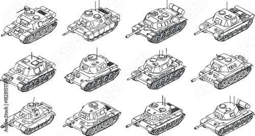 Detailed vector illustration set featuring various military tanks in a clean outline style for educational and design purposes