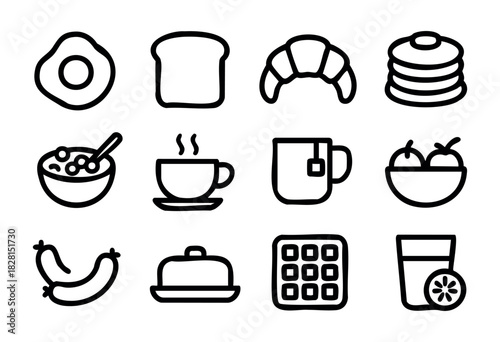 Set of breakfast icons in simple bold-line style: egg, toast, croissant, pancakes, cereal, coffee, tea, fruit bowl, sausage, butter dish, waffle, and juice.