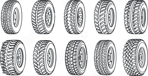 Outline vector illustration set of various tire designs for automotive and transportation projects