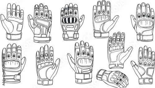 Outline vector collection of various glove designs for sports and protection gear, suitable for branding and illustration projects