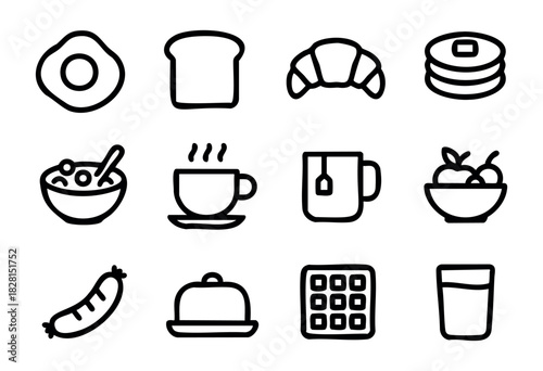 Set of breakfast icons in simple bold-line style: egg, toast, croissant, pancakes, cereal, coffee, tea, fruit bowl, sausage, butter dish, waffle, and juice.