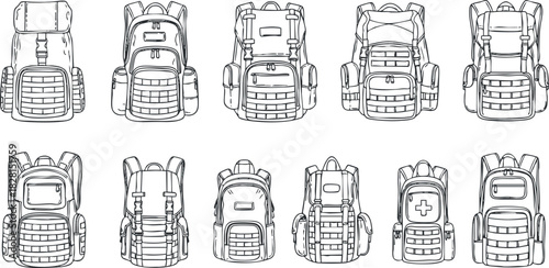 Outline vector illustration set of various backpack designs for school, travel, and outdoor activities