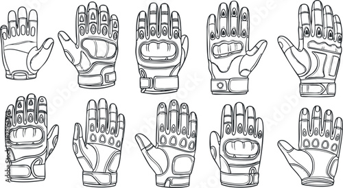 Outline vector illustration of various glove designs showcasing different styles for sports and work applications