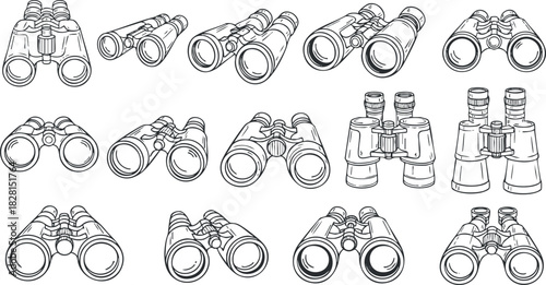 Outline vector icon set of binoculars in various styles for adventure, exploration, and outdoor activities